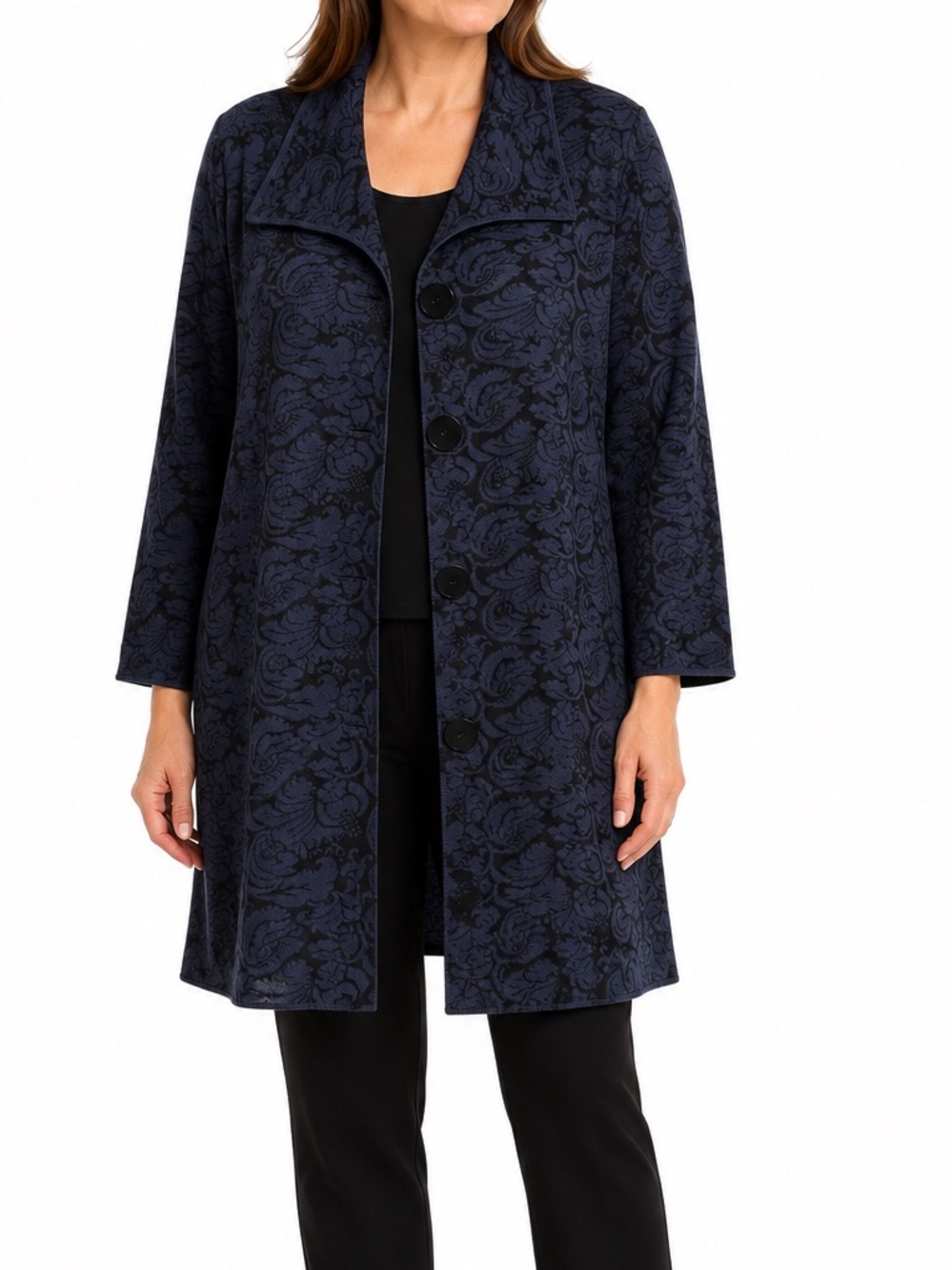 Nine West Woman 2X Blue Black Jacquard Duster Cardigan Long Sweater Jacket
